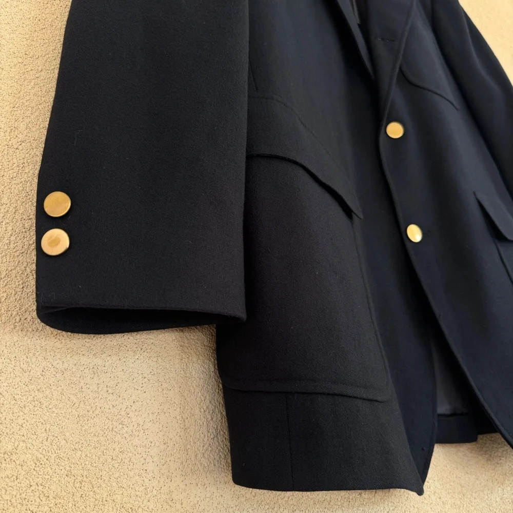 VTG J Press Solid Navy Blue, Wool Flannel Knit, Gold Button Blazer, Made in USA
